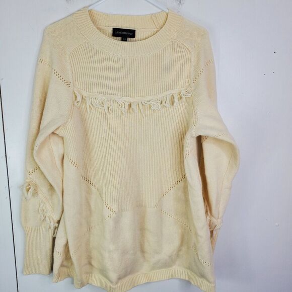 Lane Bryant Sweater Womens 18 20 Fringe Accent Knit Pointelle Cream Neutral - Picture 1 of 10